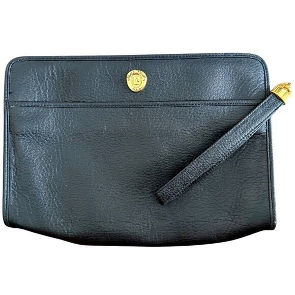 Vintage Pierre Cardin Clutch Leather Black Pouch Gold Hardware - Picture 1 of 7